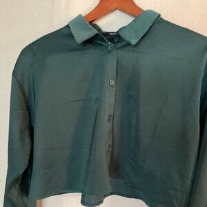 Forever 21 Silky Dark Green Cropped Shirt: Size L